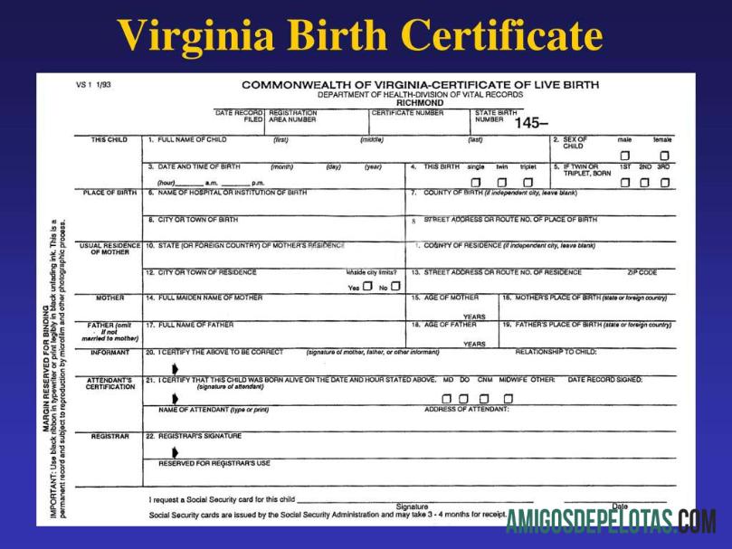 Certidão de nascimento da Divisão de Saúde da Virgínia do Departamento de Saúde dos Estados Unidos baixar para verificação